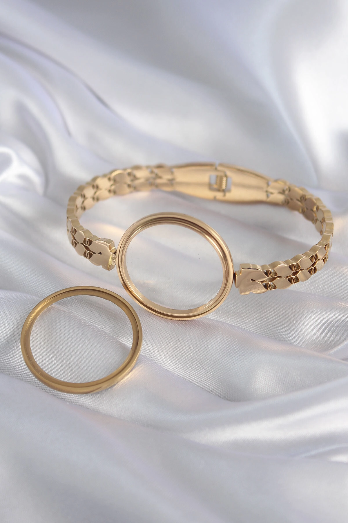 316L Çelik Gold Renk Arpa İşleme Açılabilir Fanus Model Kadın Kelepçe-1