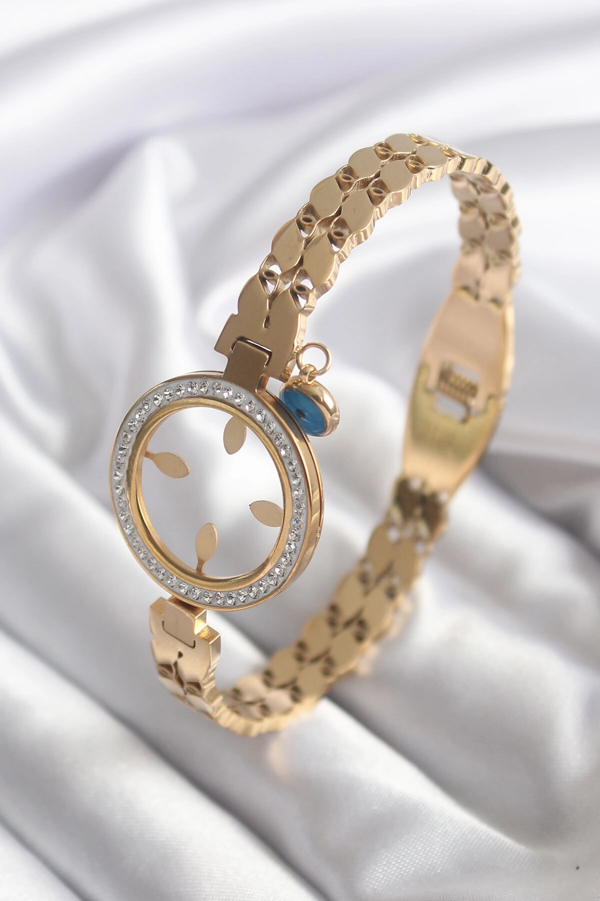 316L Çelik Gold Renk Arpa Model Zirkon Taş Detay Çeyrek Altın Takılabilir Kadın Kelepçe-0