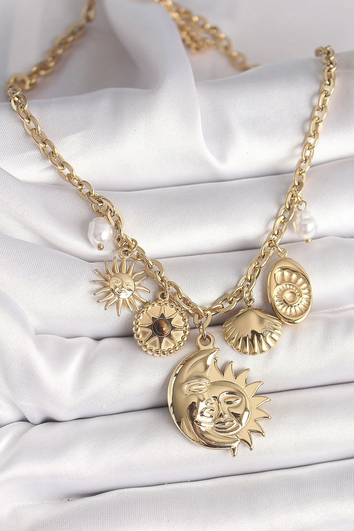 316L Çelik Gold Renk Ay Güneş Figür Deniz Kabuğu Detay Kadın Kolye-0