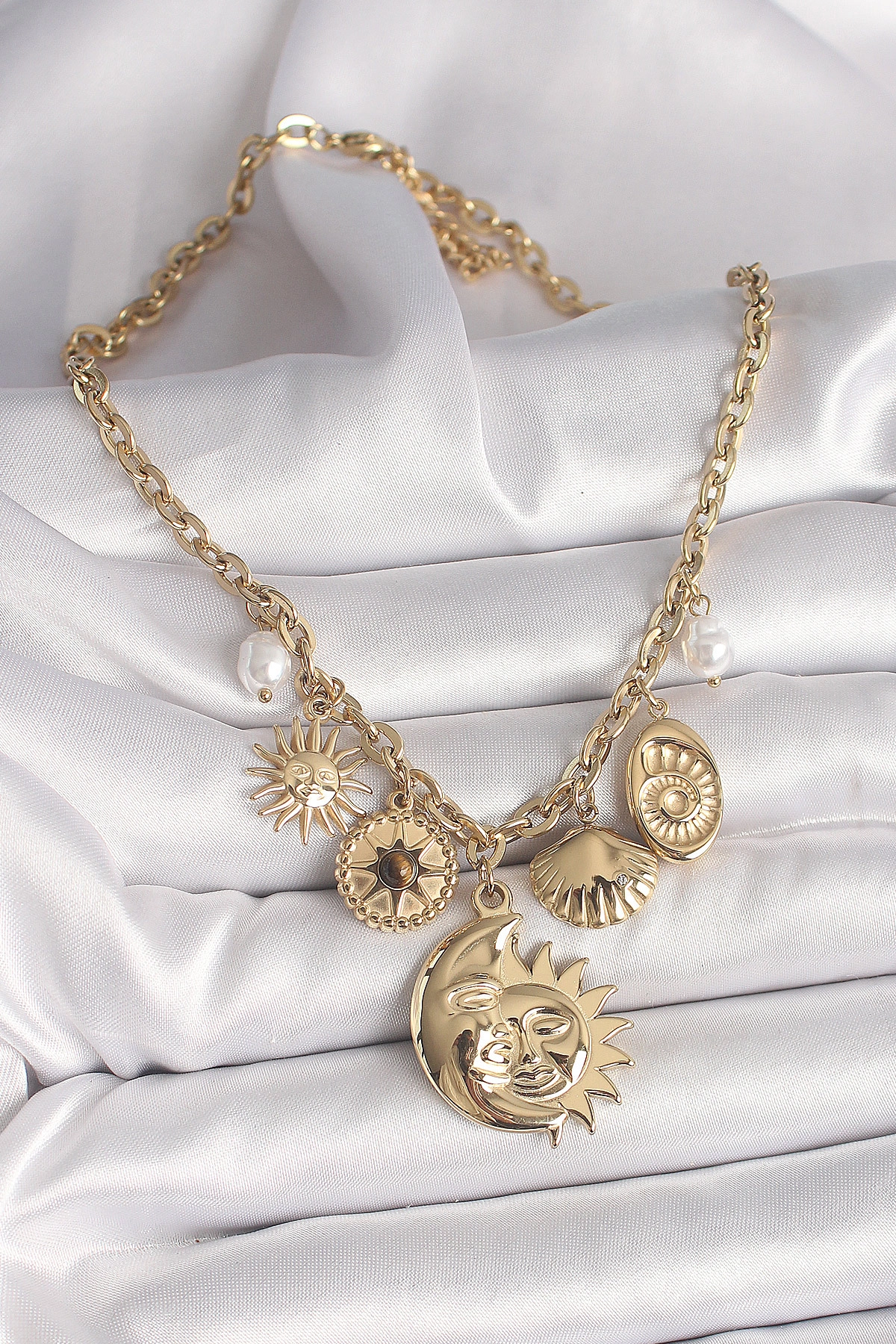 316L Çelik Gold Renk Ay Güneş Figür Deniz Kabuğu Detay Kadın Kolye-1