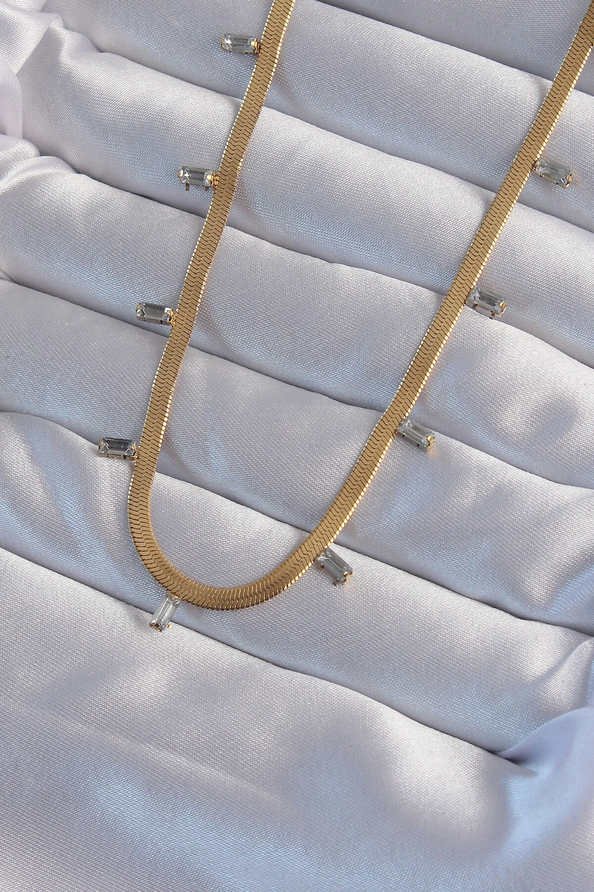 316L Çelik Gold Renk Baget Taşlı İtalyan Zincir Kolye-0