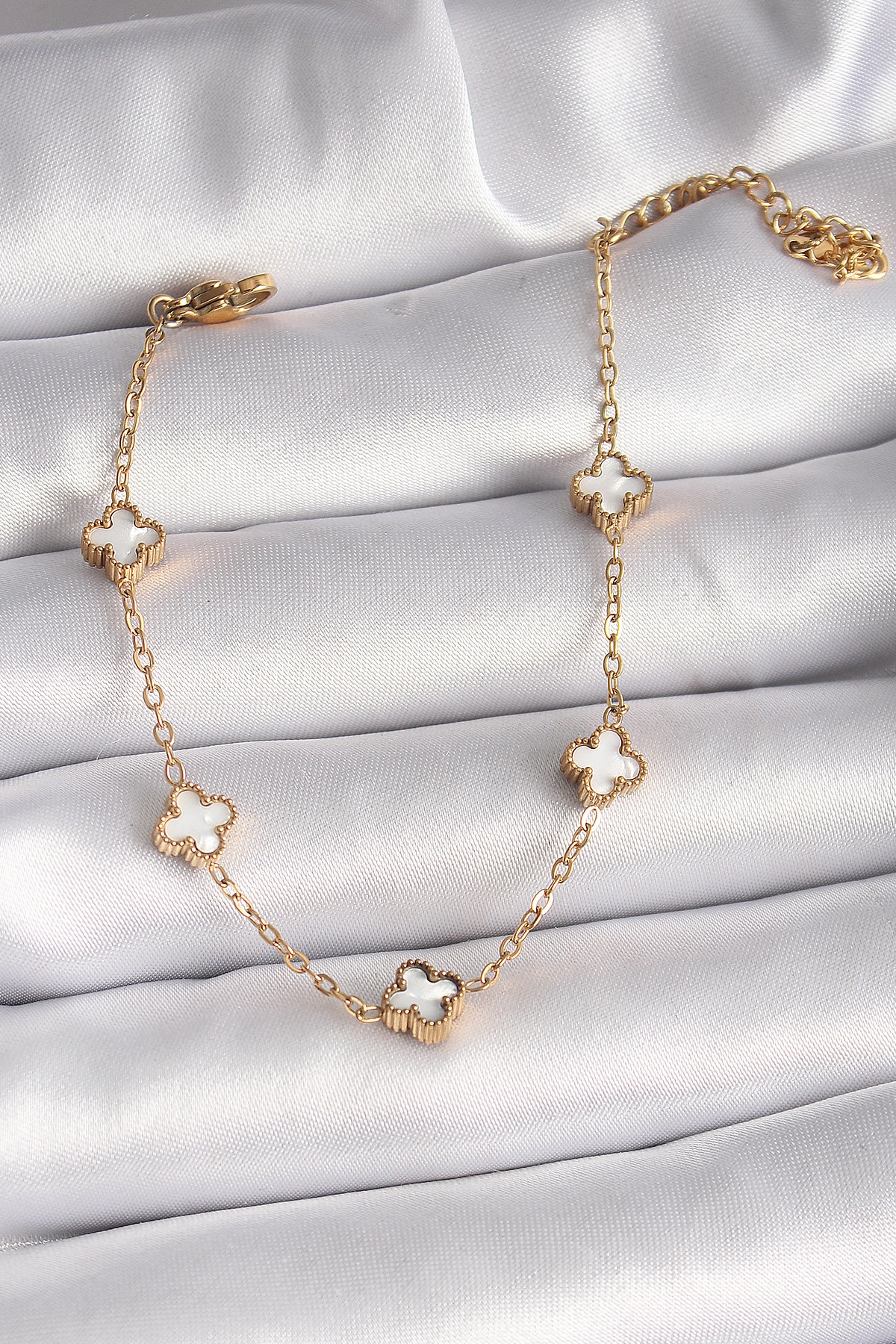 316L Çelik Gold Renk Beyaz Baby Boy Yonca Model Kadın Bileklik-0