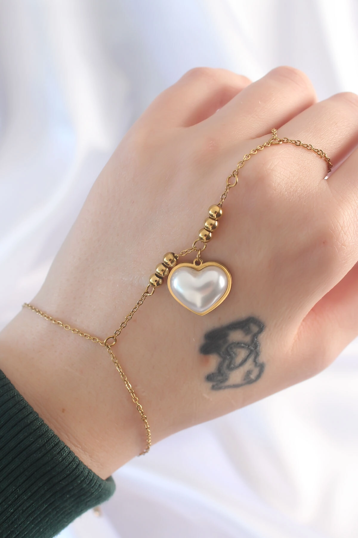 316L Çelik Gold Renk Beyaz Bubble Kalp Tasarımlı Şahmeran-1