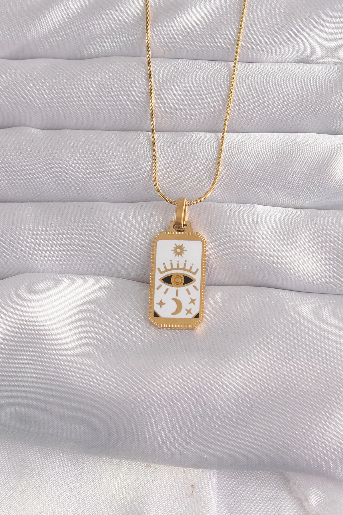 316L Çelik Gold Renk Beyaz Mineli Göz Figür Tarot Kolye-0