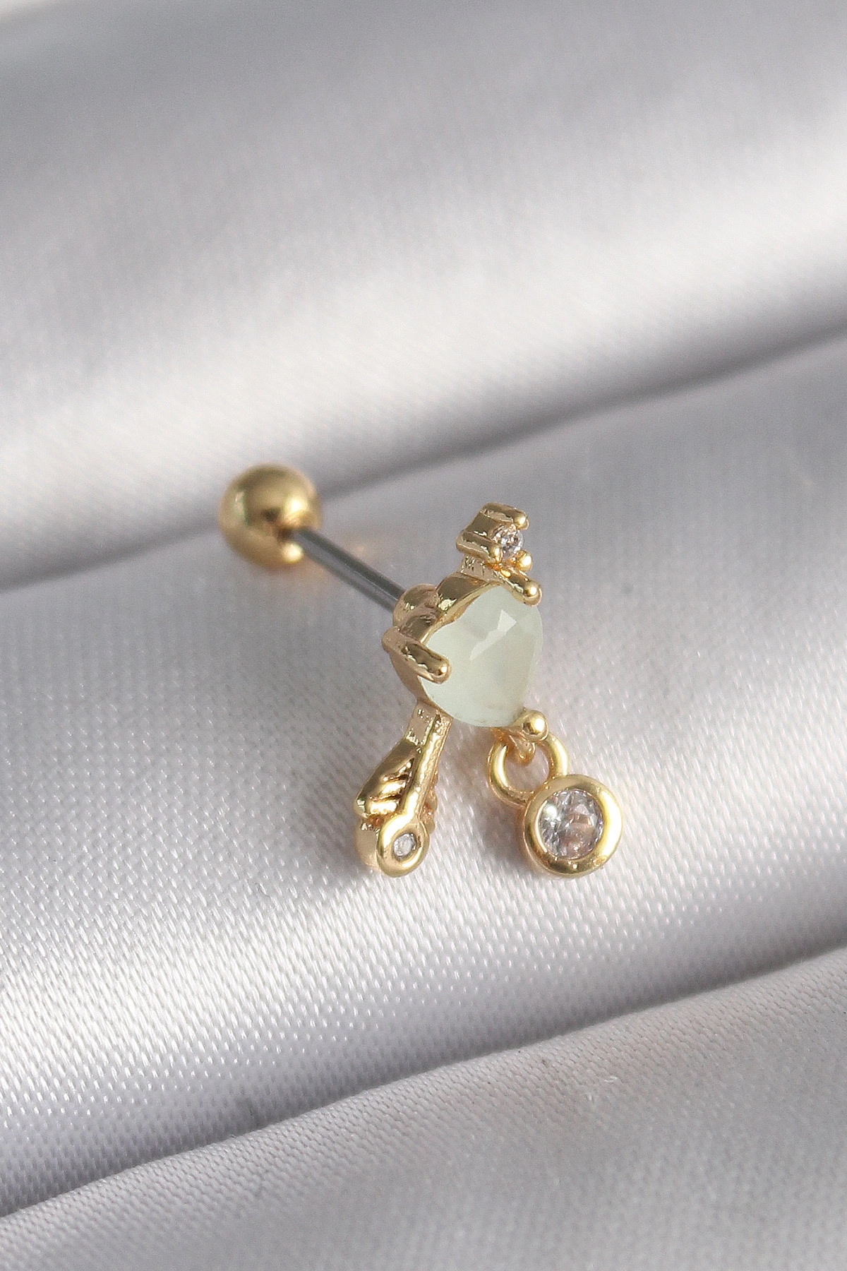 316L Çelik Gold Renk Beyaz Mineli Kalp Sallantı Zirkon Taşlı Tragus Piercing-0