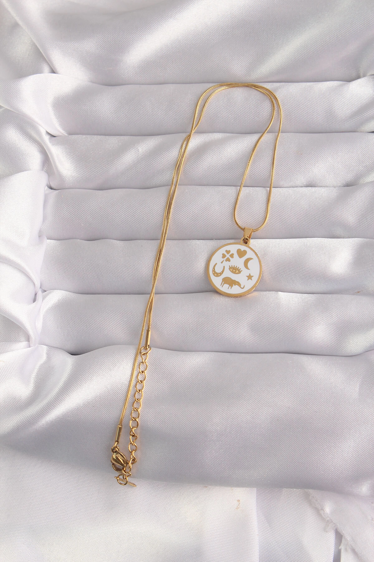 316L Çelik Gold Renk Beyaz Mineli Karışık Figürlü Tarot Kolye-1