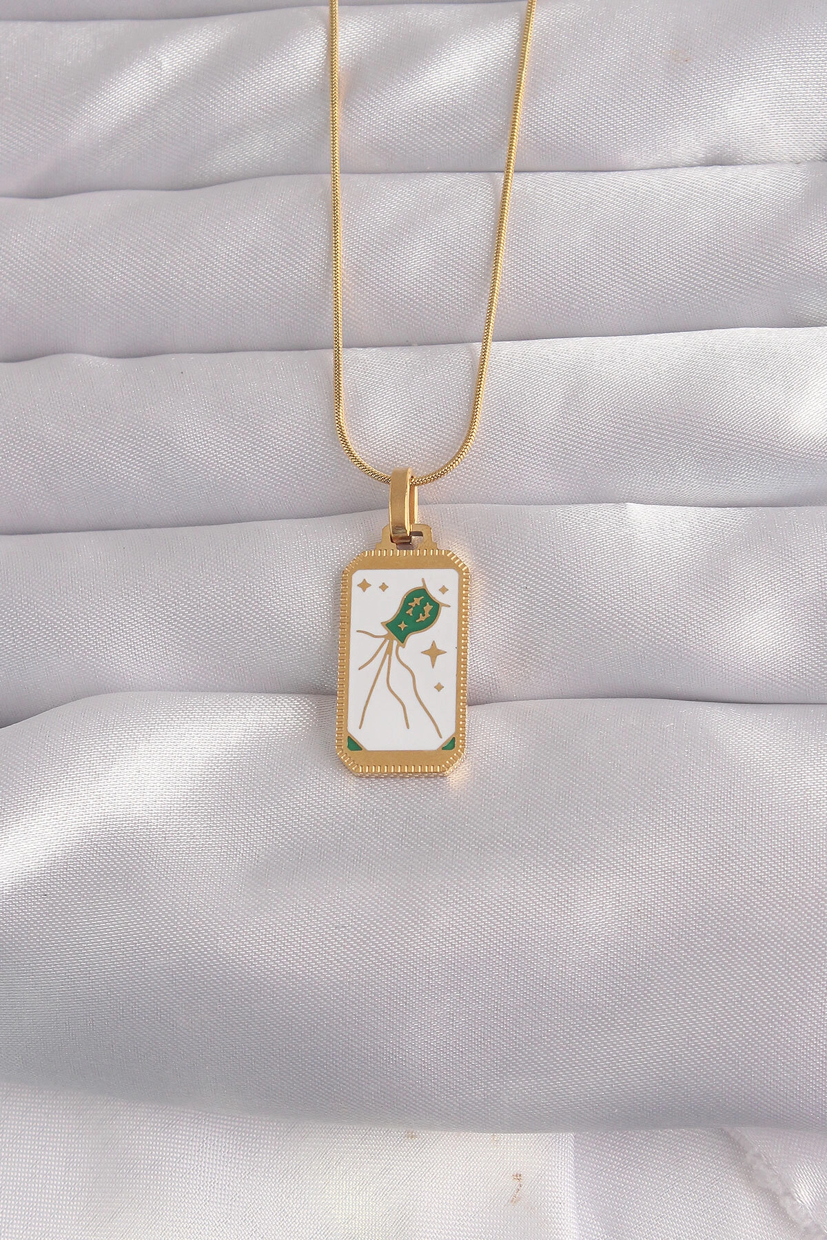 316L Çelik Gold Renk Beyaz Mineli Tarot Kolye-0