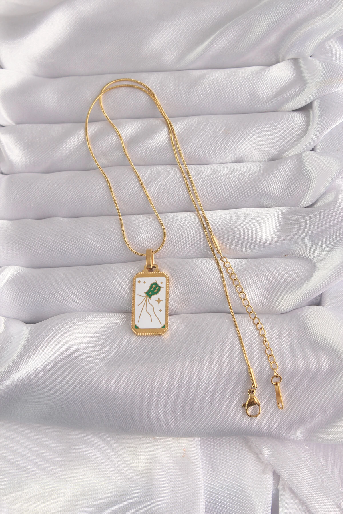 316L Çelik Gold Renk Beyaz Mineli Tarot Kolye-1