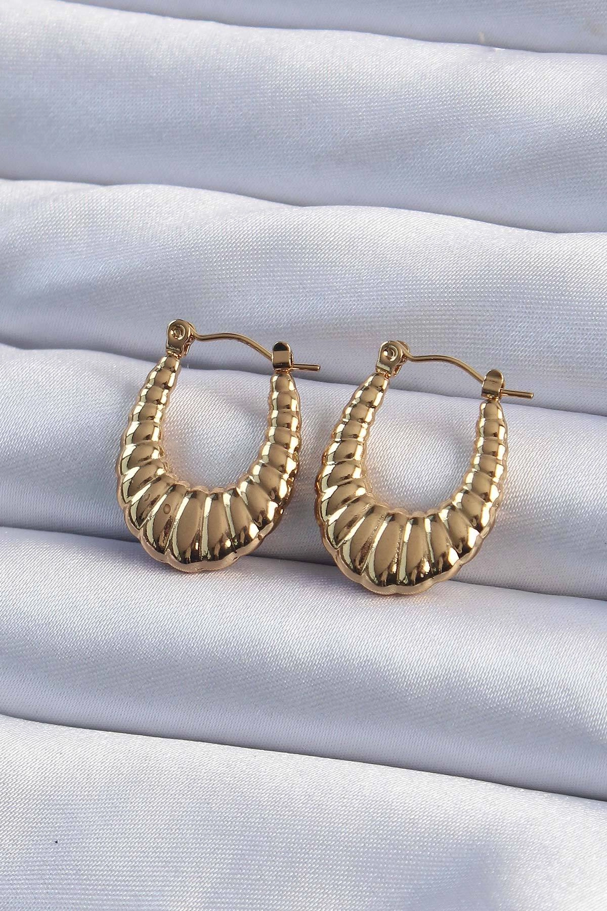 316L Çelik Gold Renk Bombeli Baklava Kesim Kadın Küpe-0