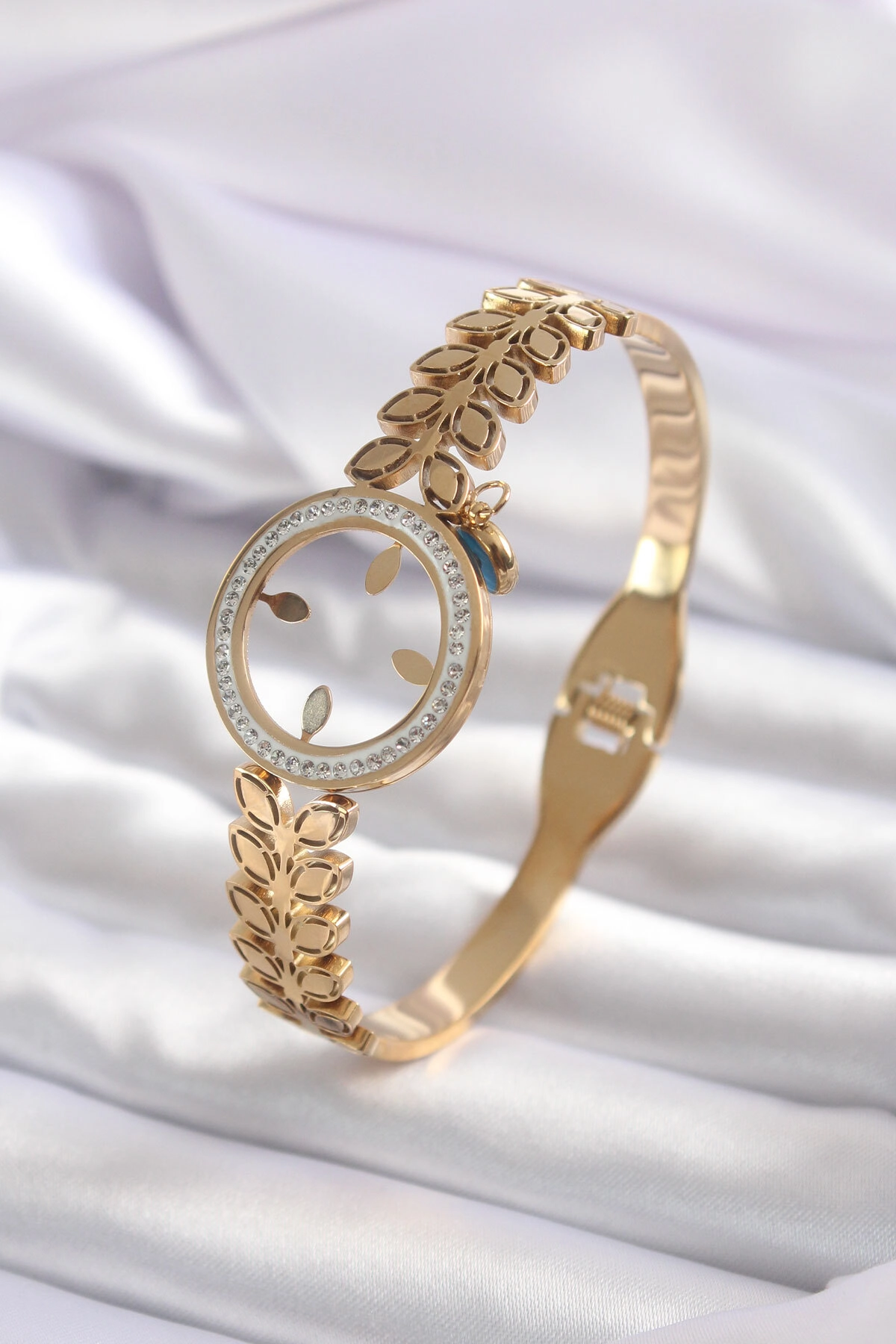 316L Çelik Gold Renk Çeyrek Takılabilen Zirkon Taş Detay Kadın Kelepçe-0