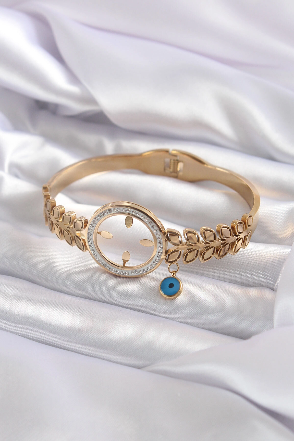 316L Çelik Gold Renk Çeyrek Takılabilen Zirkon Taş Detay Kadın Kelepçe-1