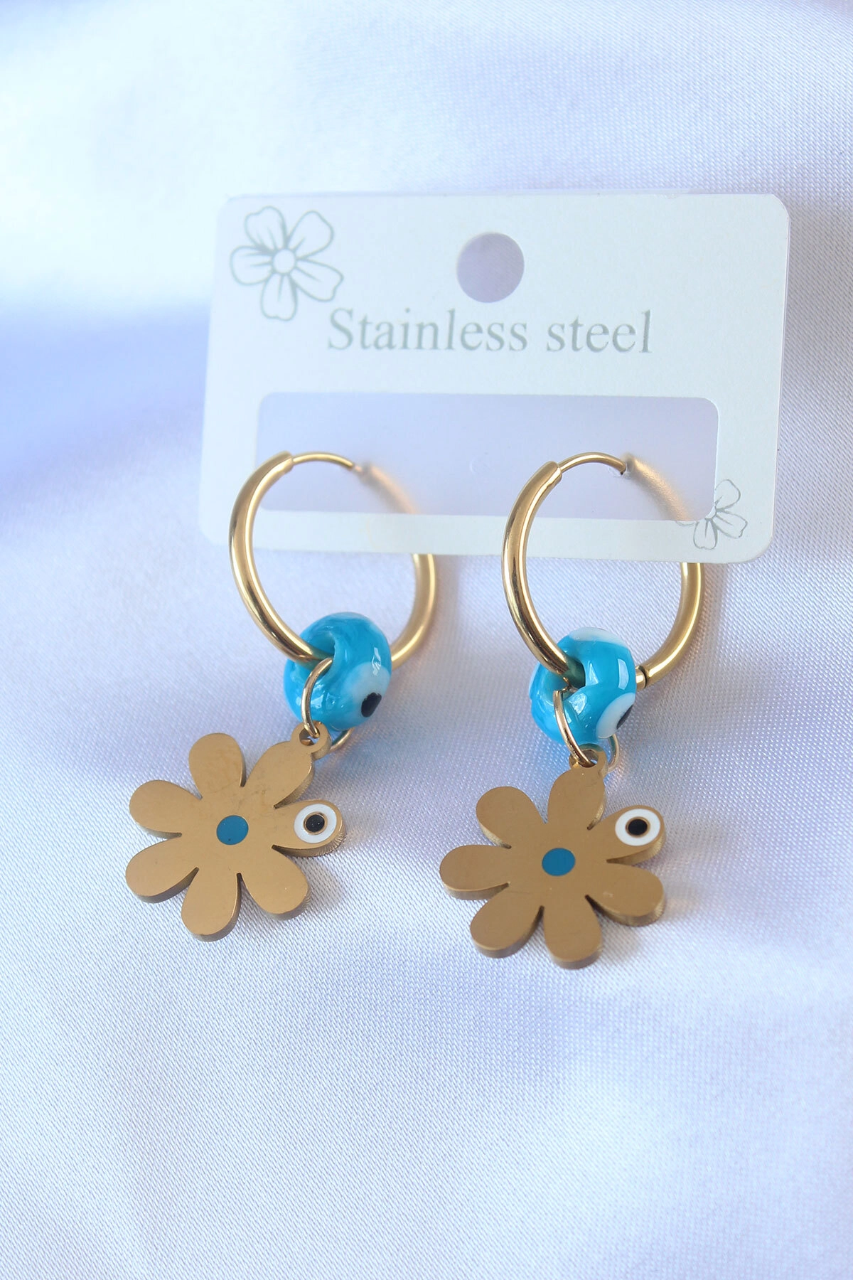 316L Çelik Gold Renk Çiçek Model Nazar Boncuk Detay Kadın Küpe-0