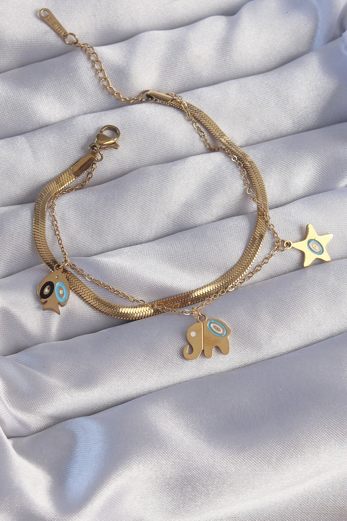 316L Çelik Gold Renk Çift Zincir Çoklu Aksesuarlı Bileklik-0