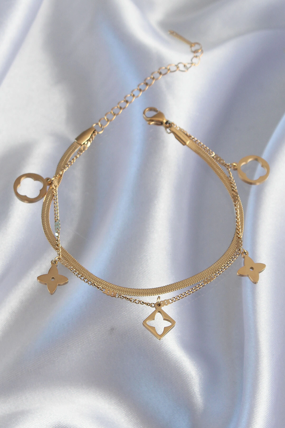 316L Çelik Gold Renk Çift Zincir Yonca Tasarım Bileklik-1