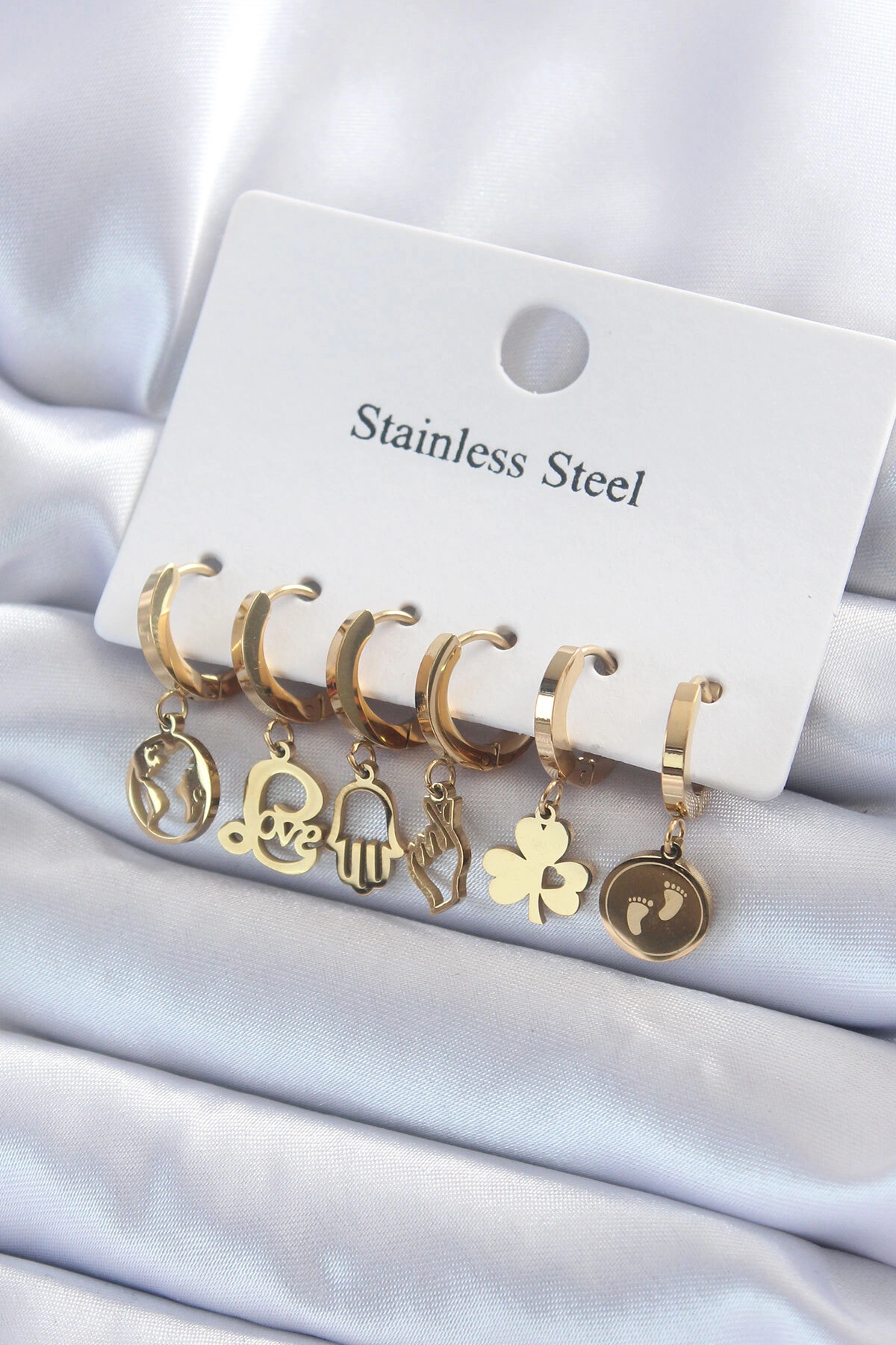 316L Çelik Gold Renk Çoklu Figür Model Kadın Küpe Seti-0