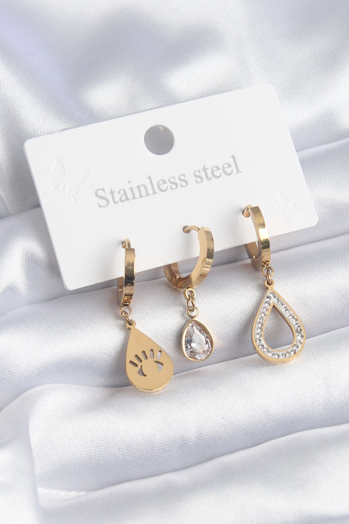 316L Çelik Gold Renk Damla Model Göz İşleme Zirkon Taş Detay Kadın Küpe-0