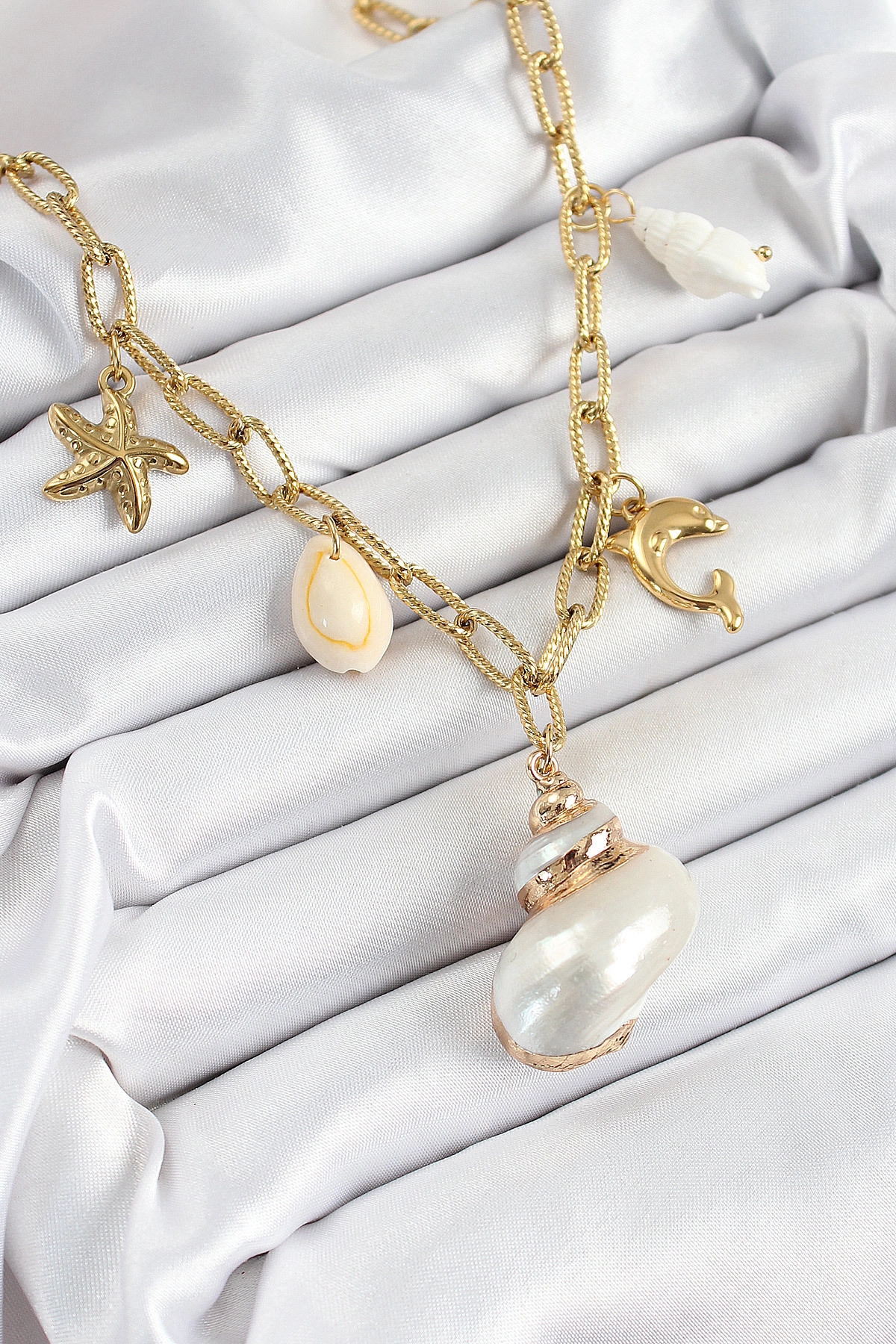 316L Çelik Gold Renk Deniz Kabuğu ve Yıldızı Konseptli Kadın Kolye-0