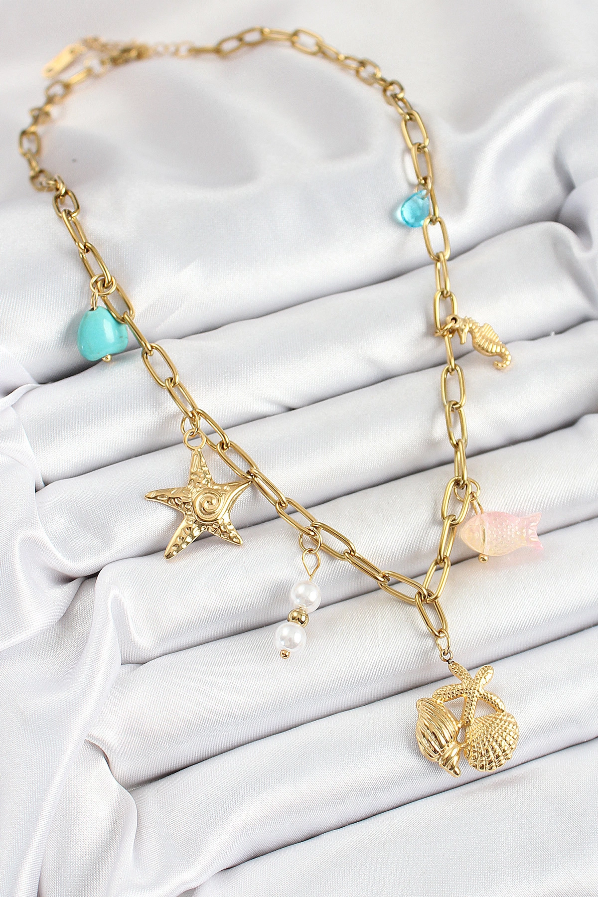 316L Çelik Gold Renk Deniz Yıldızı ve Deniz Kabuğu Konsept Kadın Kolye-1