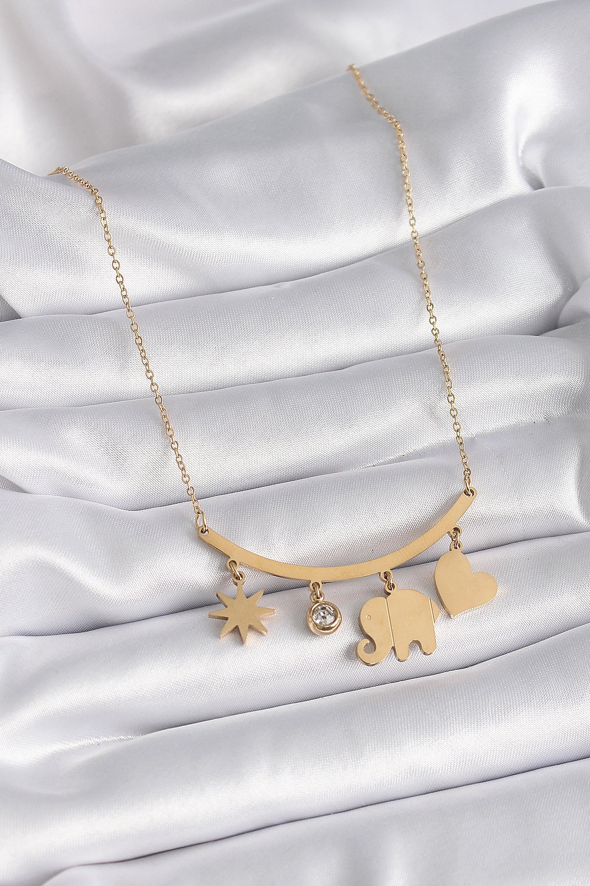 316L Çelik Gold Renk Fil Figür Zirkon Taş Detay Kadın Kolye-1