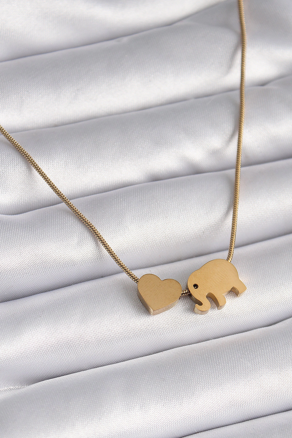 316L Çelik Gold Renk Fil Kalp Figürlü Kadın Kolye-0