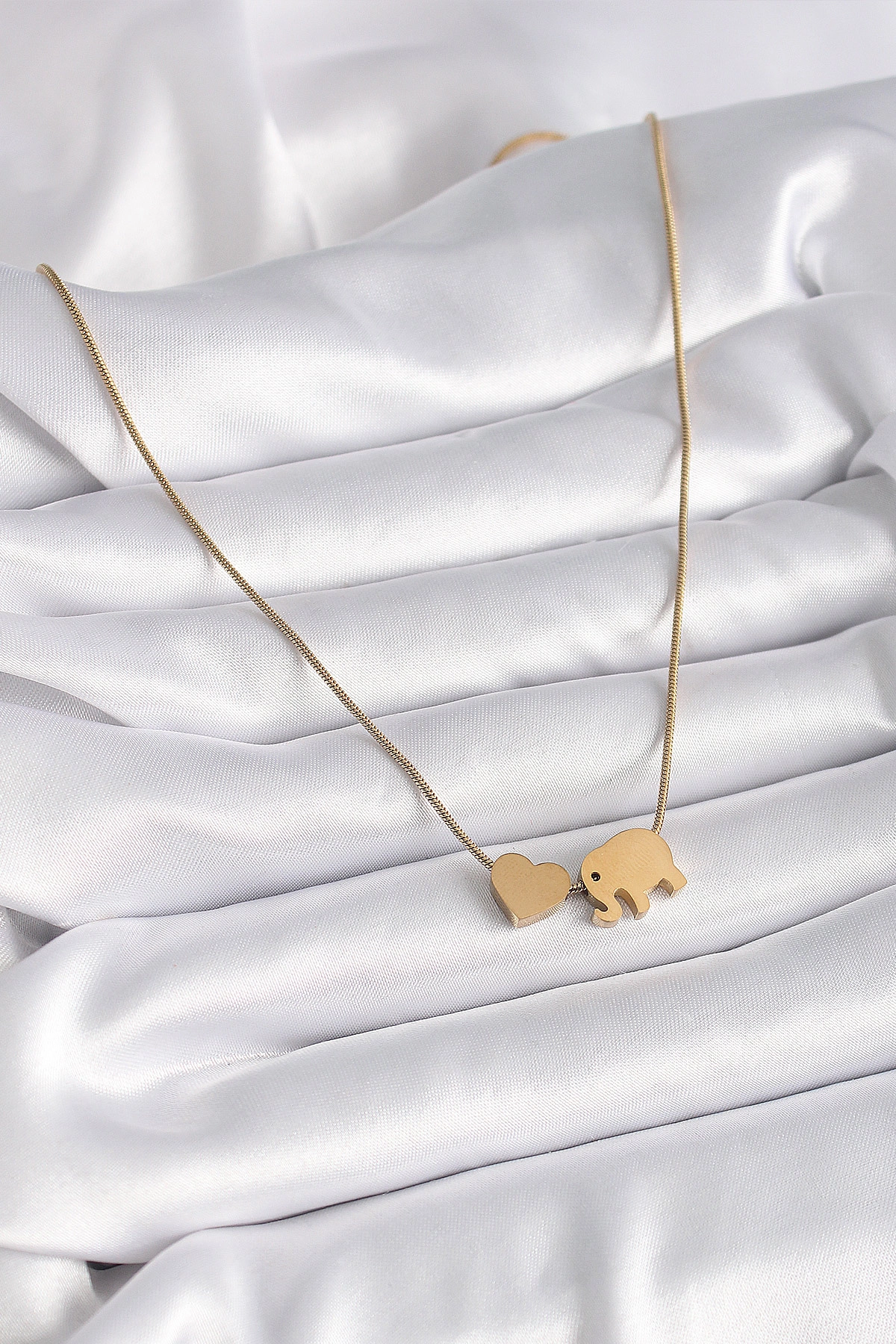 316L Çelik Gold Renk Fil Kalp Figürlü Kadın Kolye-1