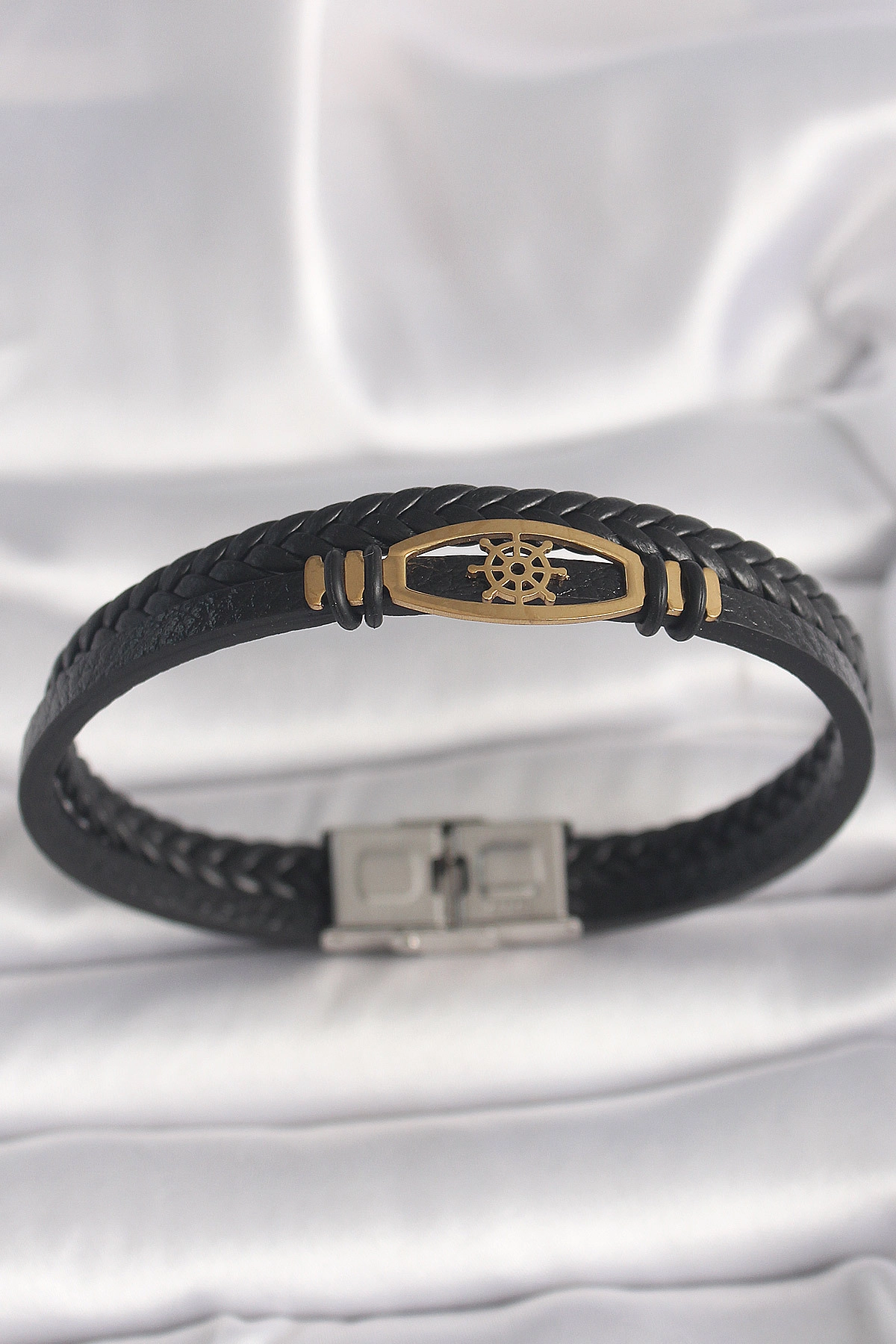 316L Çelik Gold Renk Gemi Dümen Figür Siyah Renk Çift Sıra Burgu Desenli Deri Kordon Erkek Bileklik-0