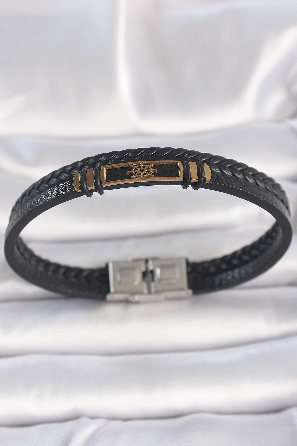 316L Çelik Gold Renk Gemi Dümeni Aksesuarlı Çift Sıra Burgu Desenli Deri Kordon Erkek Bileklik-0