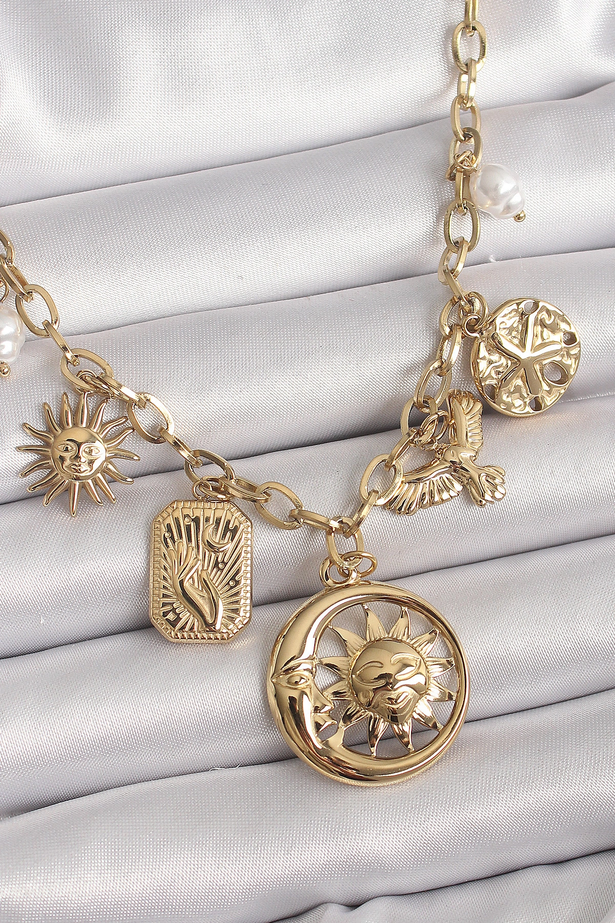 316L Çelik Gold Renk Halka Zincir Sallantı Ay Güneş Figür Kuş Detay Kadın Kolye-0