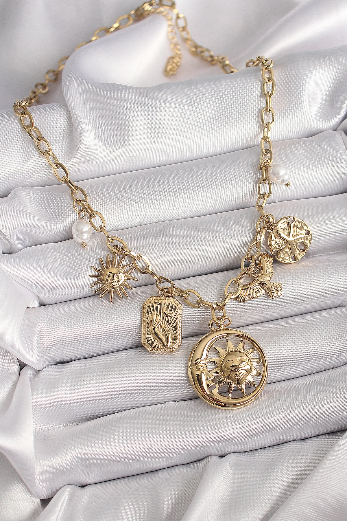 316L Çelik Gold Renk Halka Zincir Sallantı Ay Güneş Figür Kuş Detay Kadın Kolye-1