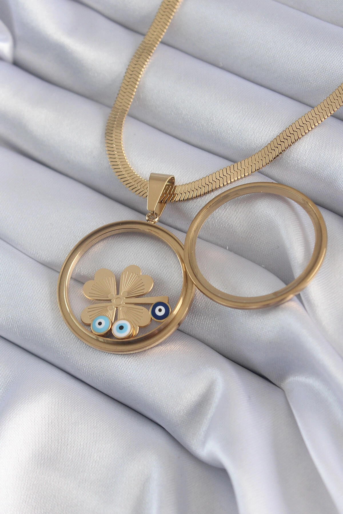 316L Çelik Gold Renk İtalyan Zincir Açılabilir Fanus Yonca Figür Model Kadın Kolye-0