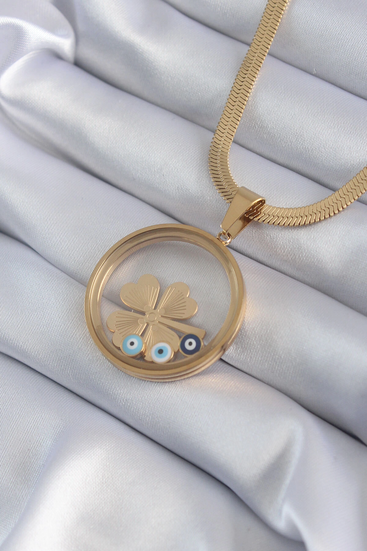 316L Çelik Gold Renk İtalyan Zincir Açılabilir Fanus Yonca Figür Model Kadın Kolye-1