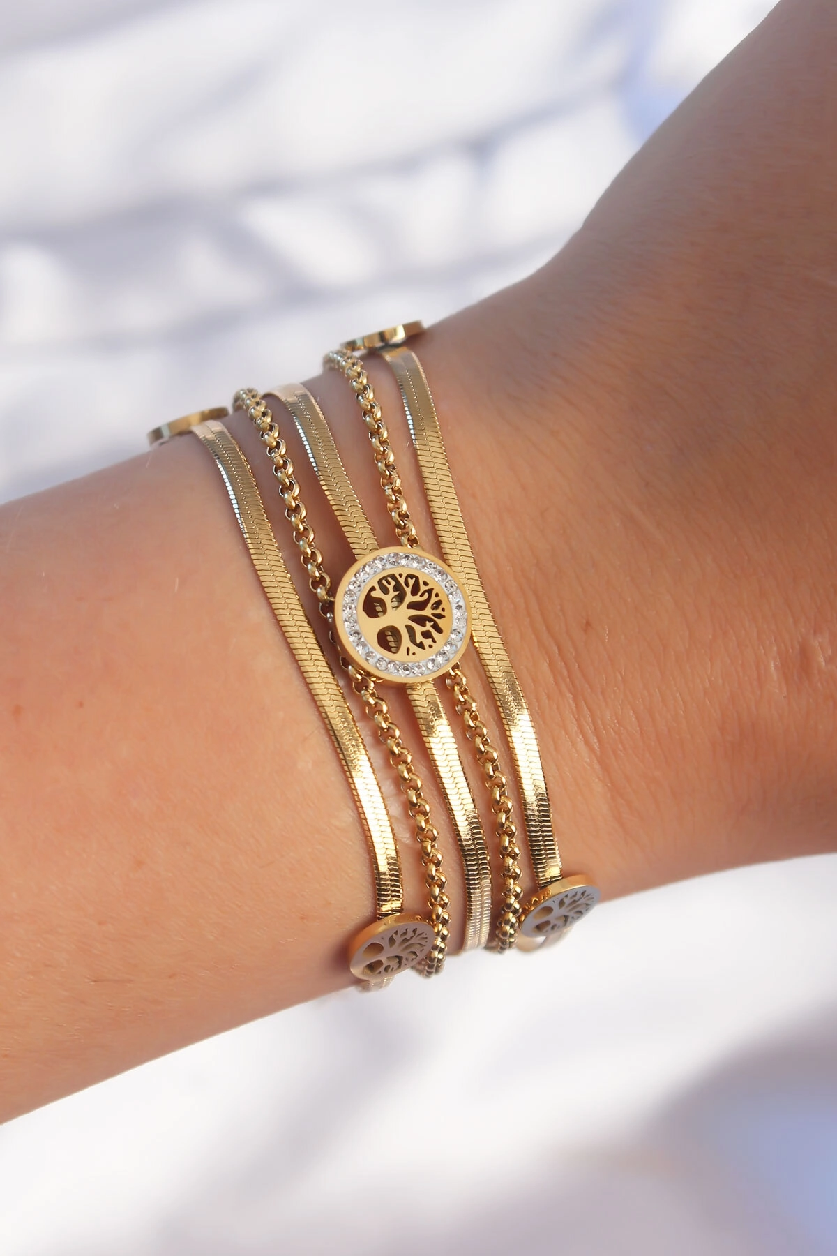 316L Çelik Gold Renk İtalyan Zincir Detaylı Zirkon Taşlı Yaşam Ağacı Tasarımlı Çoklu Bileklik-0