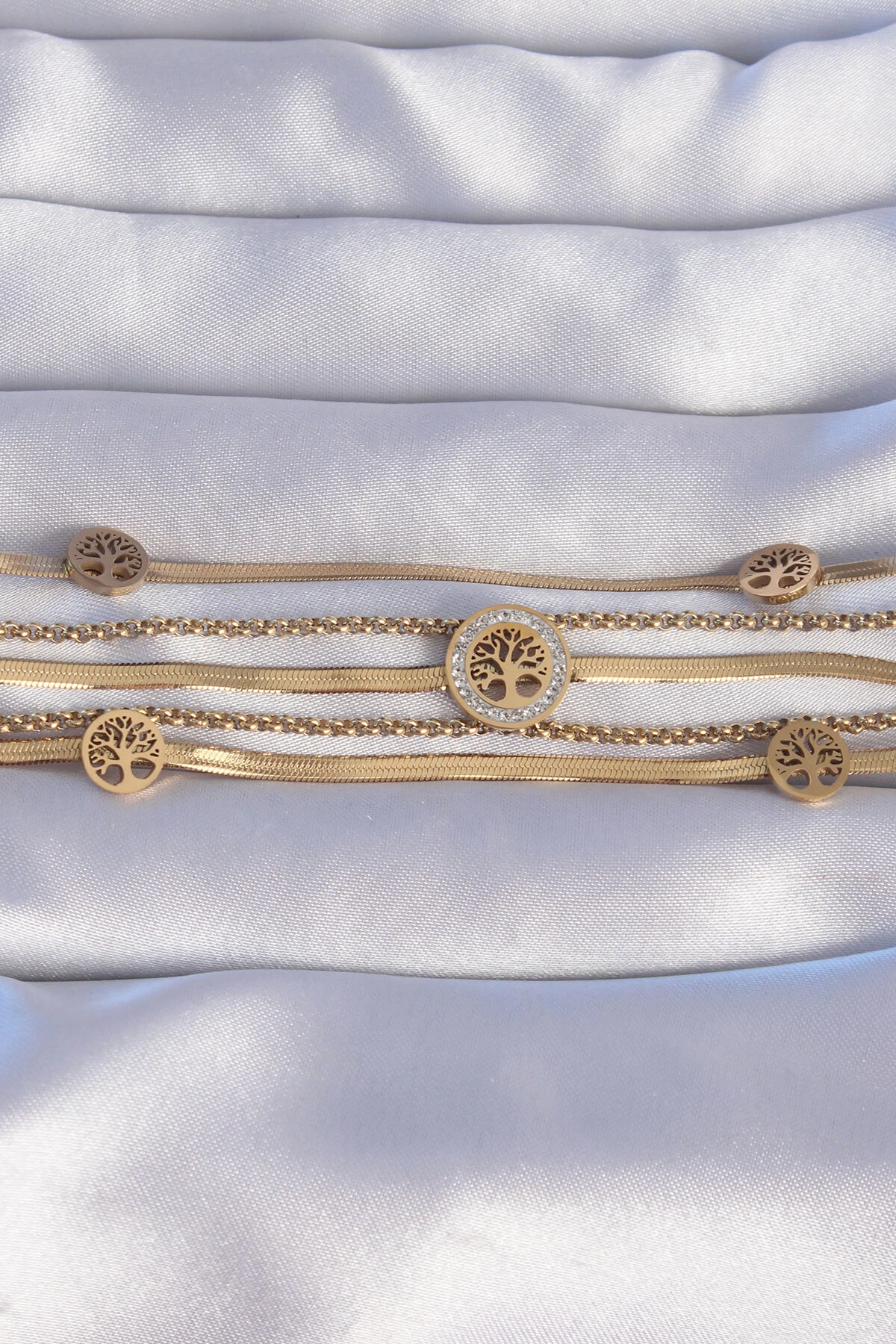 316L Çelik Gold Renk İtalyan Zincir Detaylı Zirkon Taşlı Yaşam Ağacı Tasarımlı Çoklu Bileklik-1