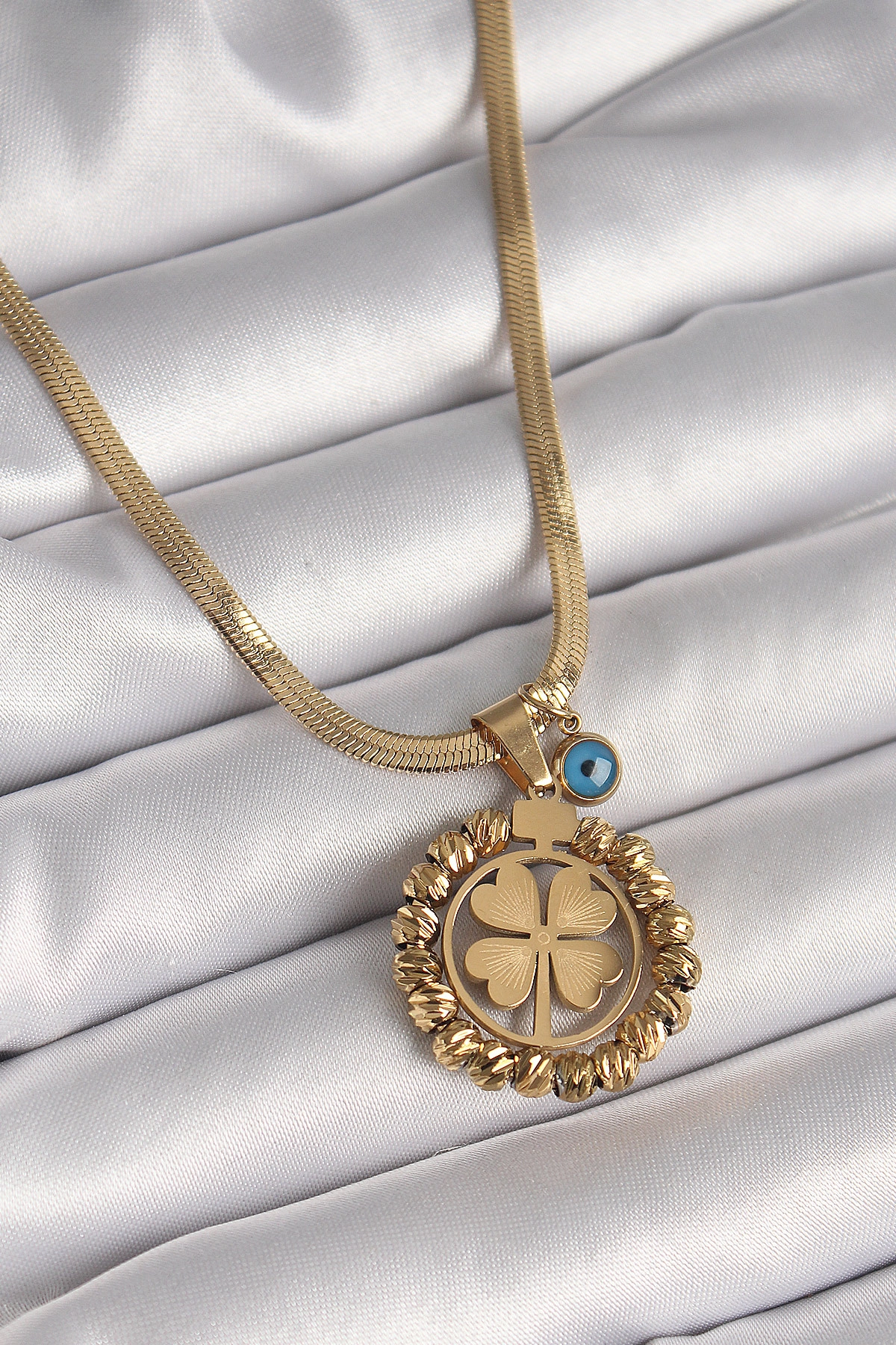 316L Çelik Gold Renk İtalyan Zincir Dorika Yonca Model Nazar Boncuk Detay Kadın Kolye-0