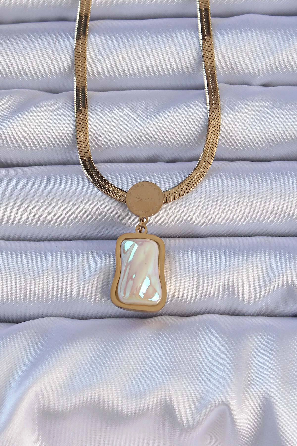 316L Çelik Gold Renk İtalyan Zincir Ezme Taşlı Kolye-0