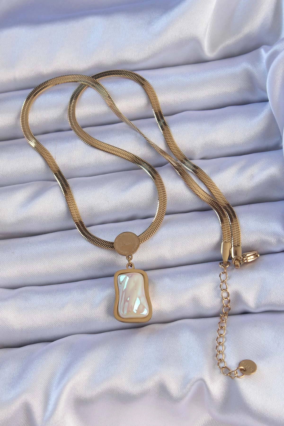 316L Çelik Gold Renk İtalyan Zincir Ezme Taşlı Kolye-1