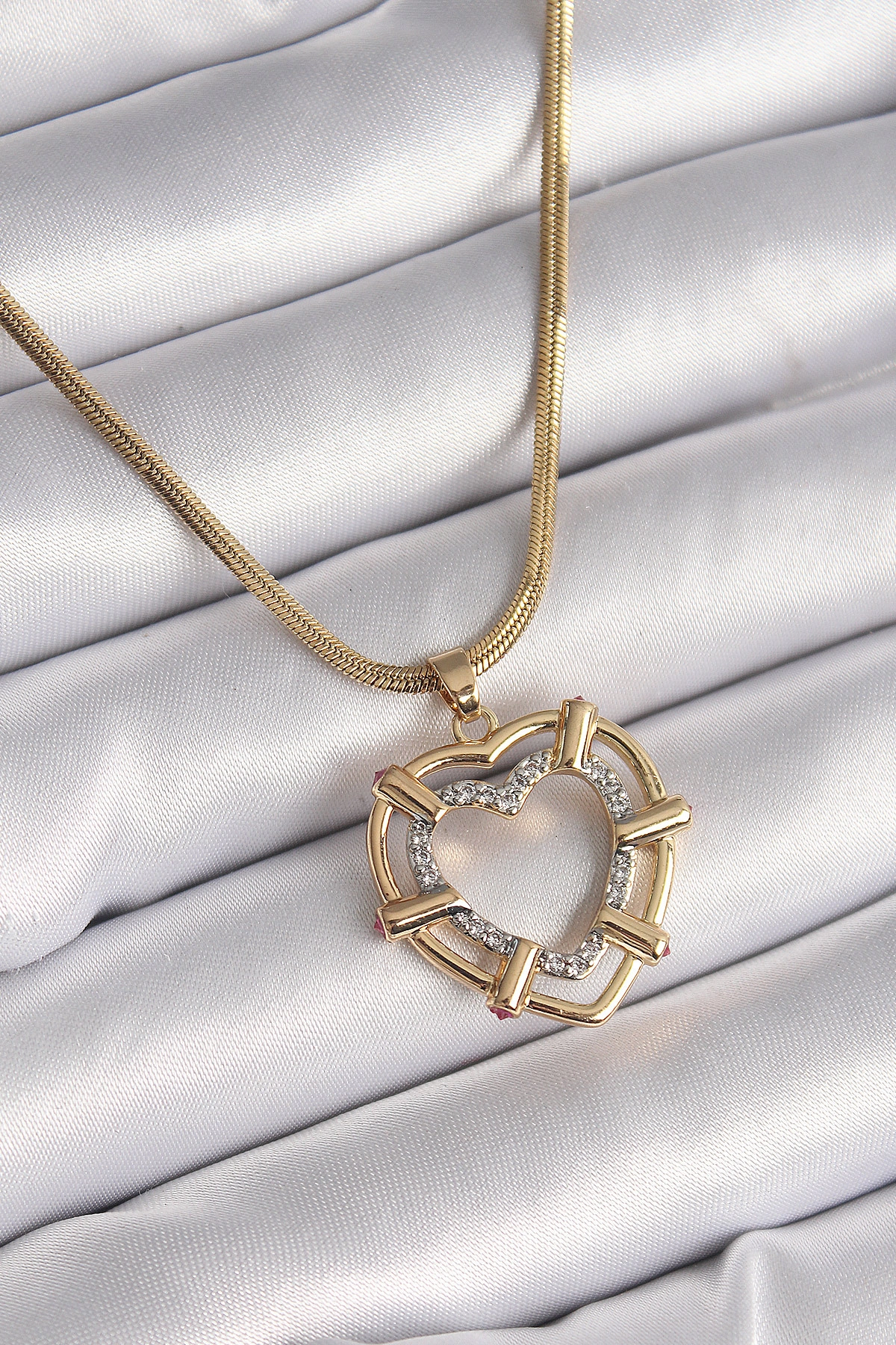 316L Çelik Gold Renk İtalyan Zincir Mix Renk Zirkon Taşlı Kalp Model Kadın Kolye-0