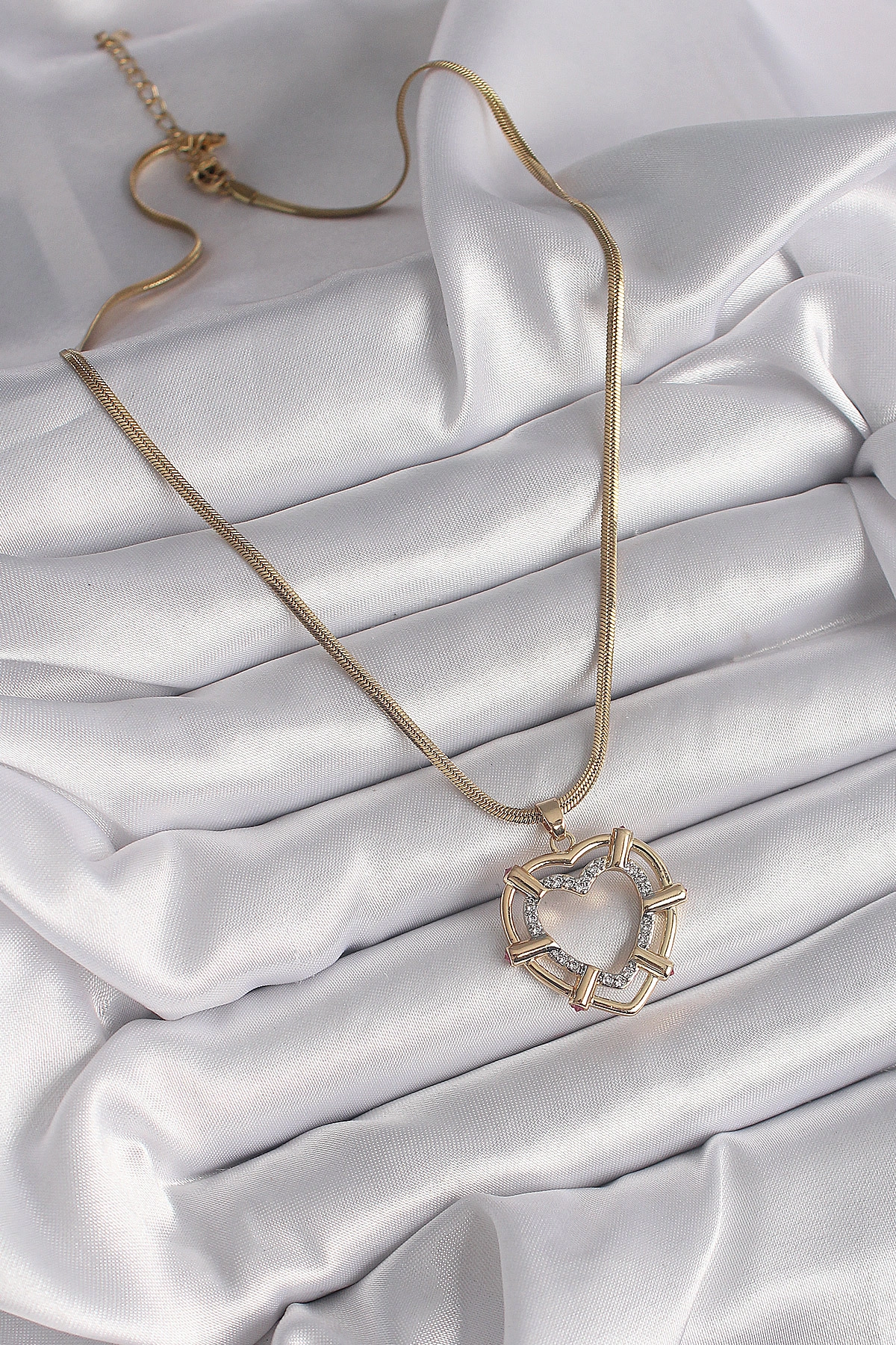 316L Çelik Gold Renk İtalyan Zincir Mix Renk Zirkon Taşlı Kalp Model Kadın Kolye-1