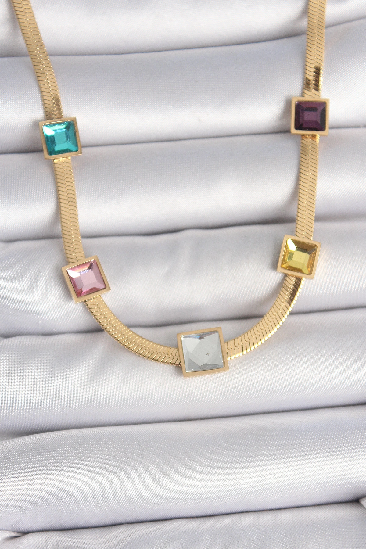 316L Çelik Gold Renk İtalyan Zincir Model Kare Renkli Zirkon Taşlı Kadın Kolye-0