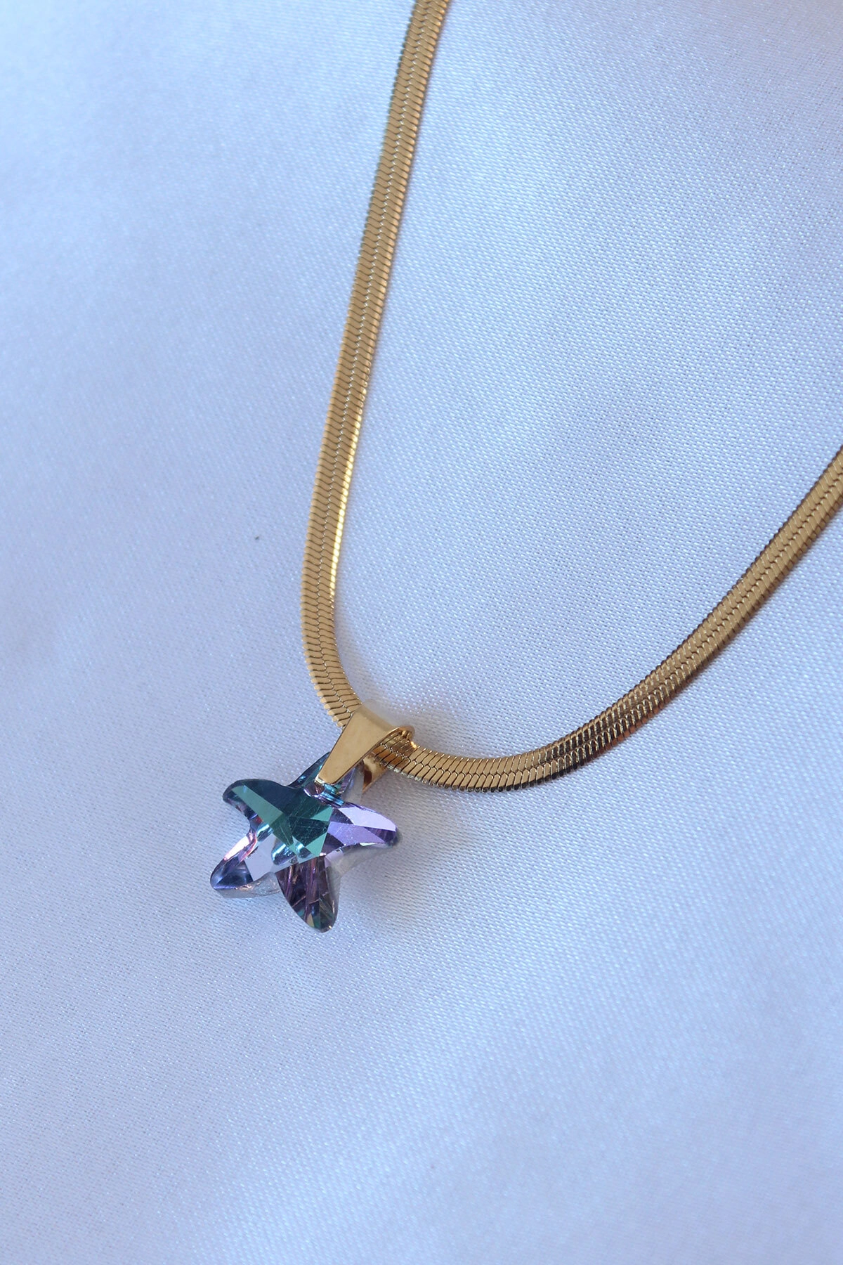 316L Çelik Gold Renk İtalyan Zincir Model Kristal Deniz Yıldız Model Kadın Kolye-0