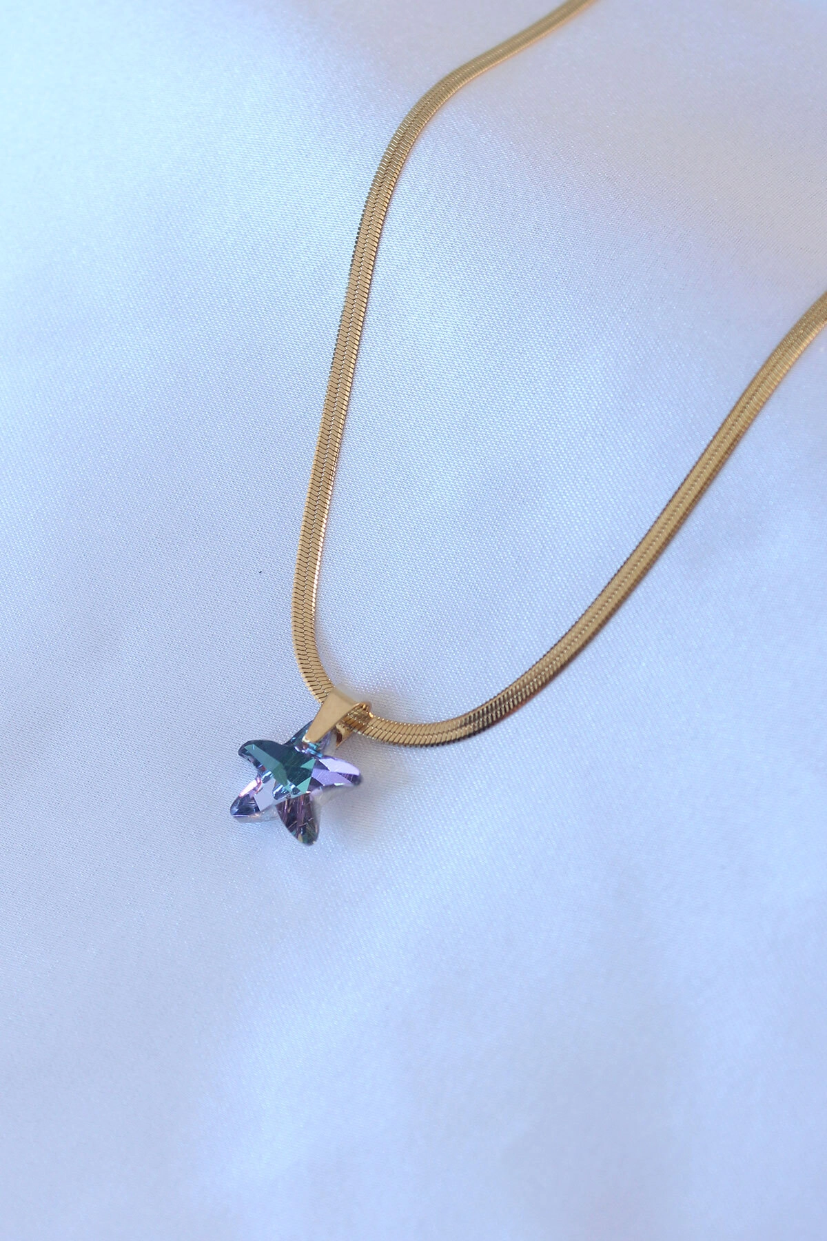 316L Çelik Gold Renk İtalyan Zincir Model Kristal Deniz Yıldız Model Kadın Kolye-1