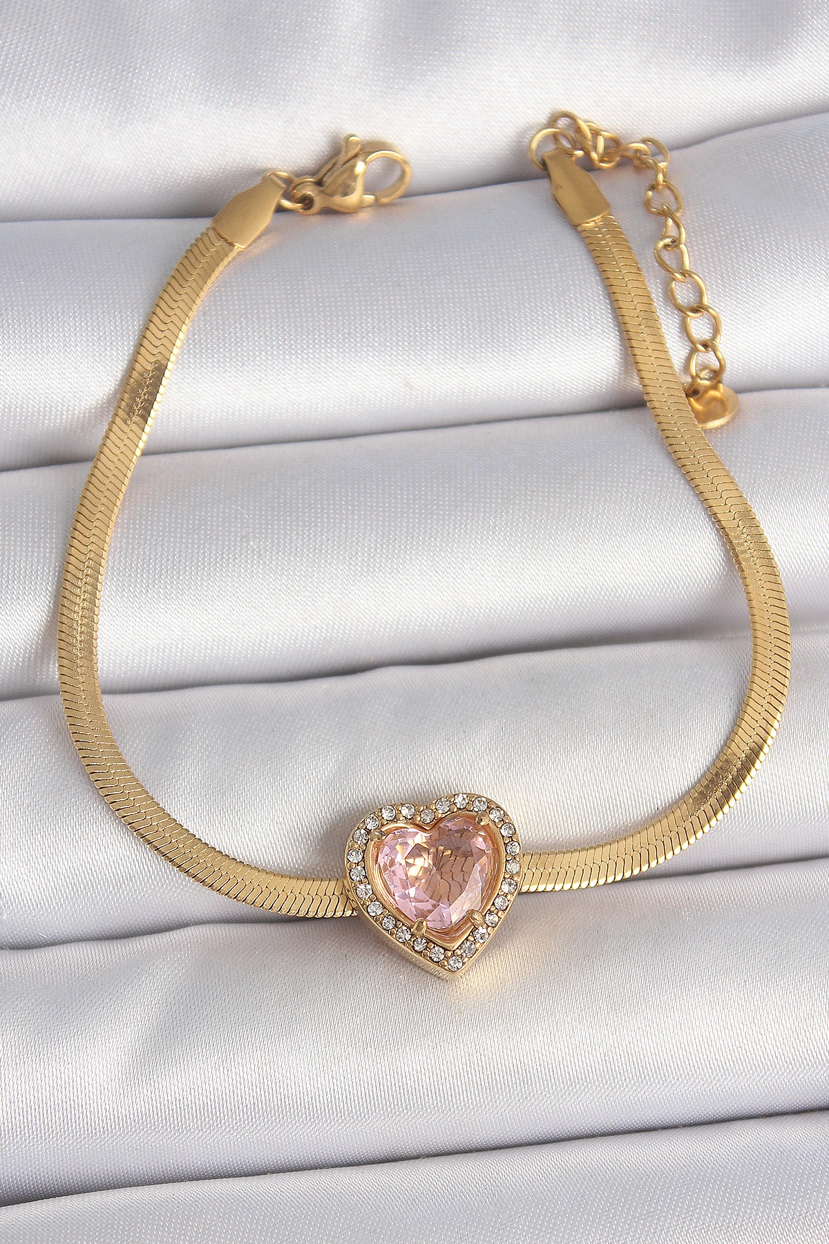 316L Çelik Gold Renk İtalyan Zincir Pembe Zirkon Taşlı Kalp Model Kadın Bileklik-0