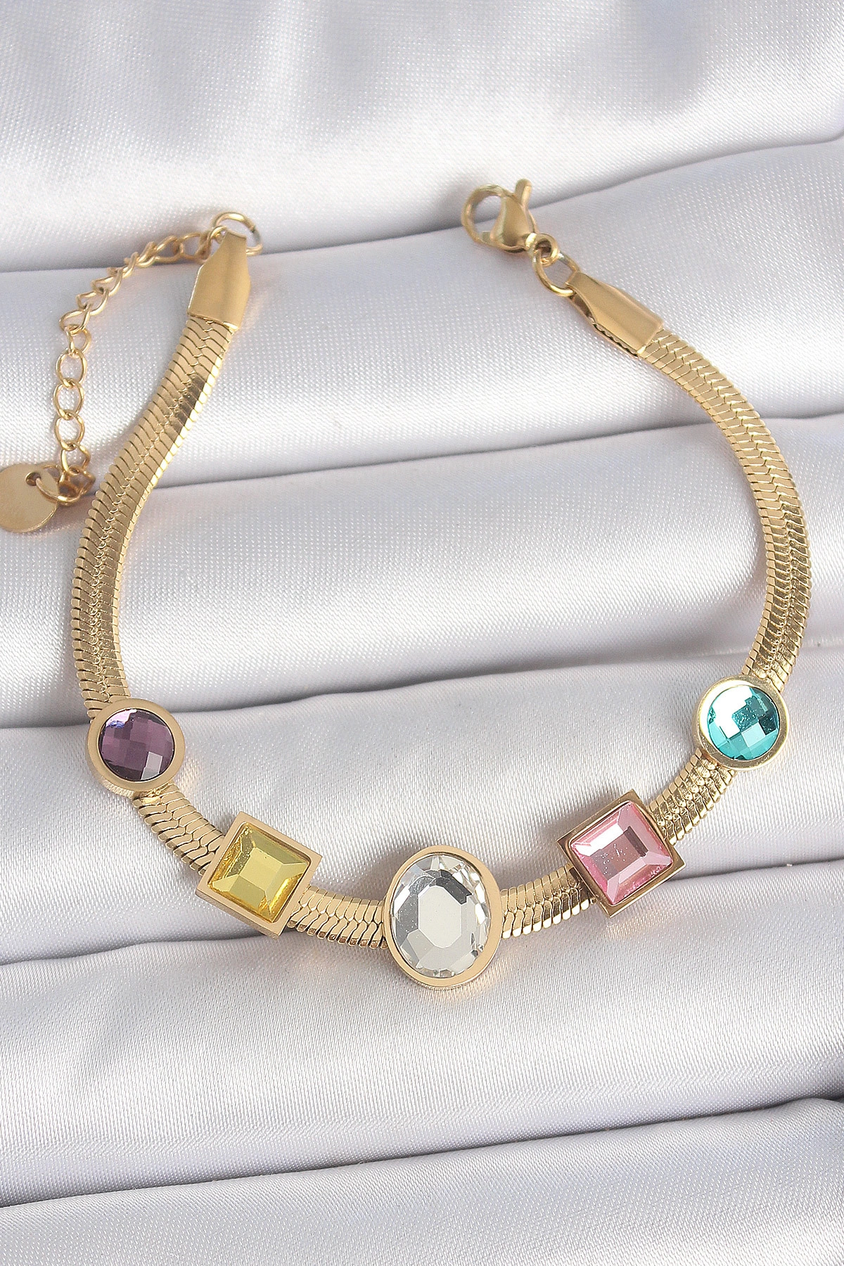 316L Çelik Gold Renk İtalyan Zincir Renkli Zirkon Taşlı Kadın Bileklik-0