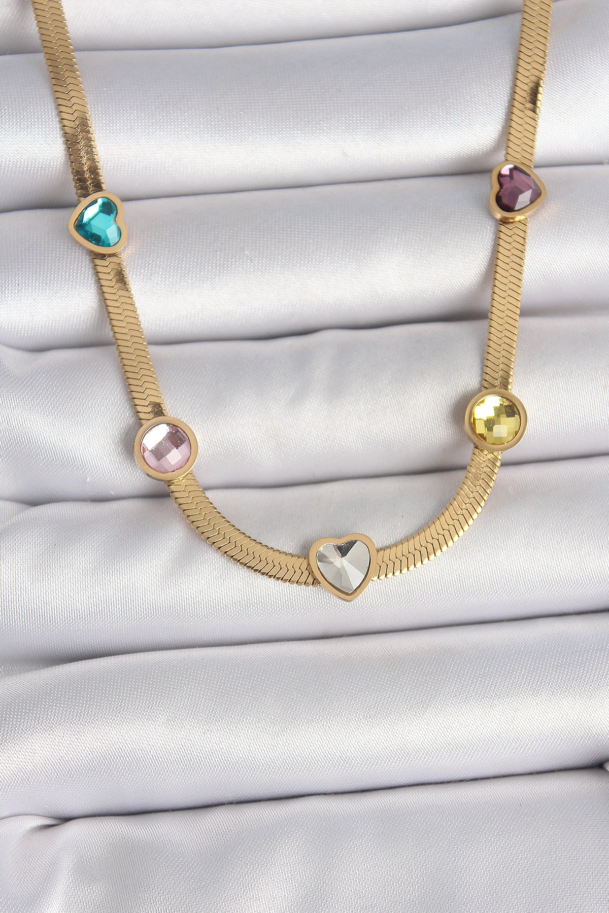 316L Çelik Gold Renk İtalyan Zincir Renkli Zirkon Taşlı Kalp Figür Kadın Kolye-0