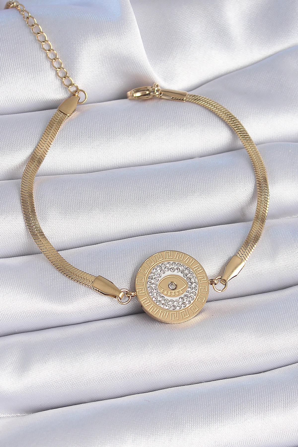 316L Çelik Gold Renk İtalyan Zincir Zirkon Taşlı Göz İşlemeli Madalyon Model Kadın Bileklik-0