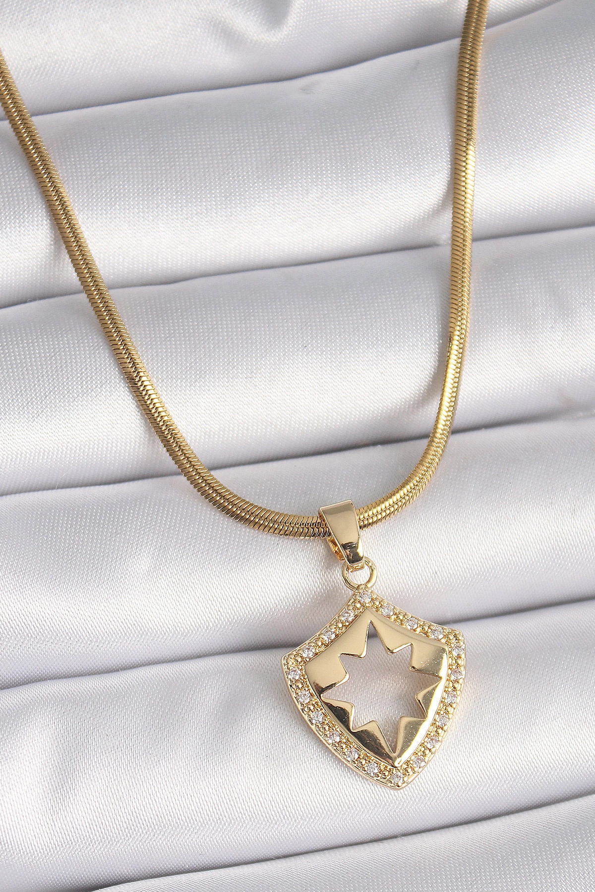 316L Çelik Gold Renk İtalyan Zincir Zirkon Taşlı Kutup Yıldız İşleme Kadın Kolye-0