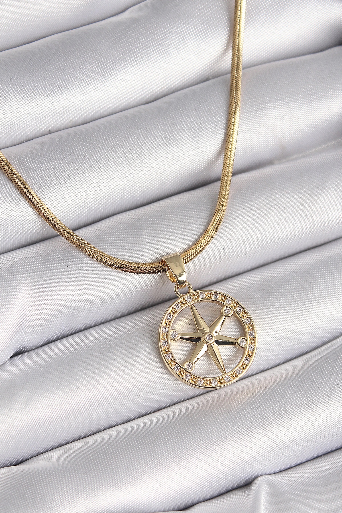 316L Çelik Gold Renk İtalyan Zincir Zirkon Taşlı Kutup Yıldız Model Kadın Kolye-0