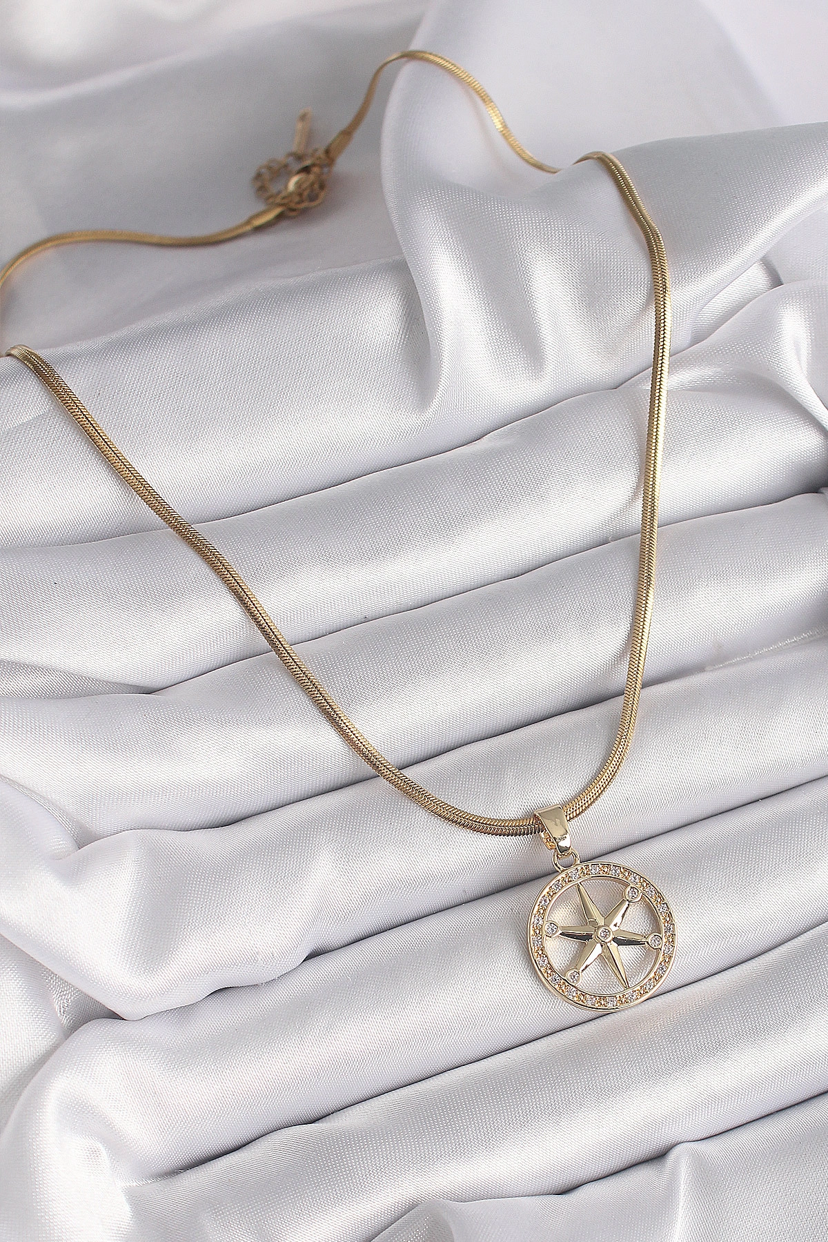 316L Çelik Gold Renk İtalyan Zincir Zirkon Taşlı Kutup Yıldız Model Kadın Kolye-1