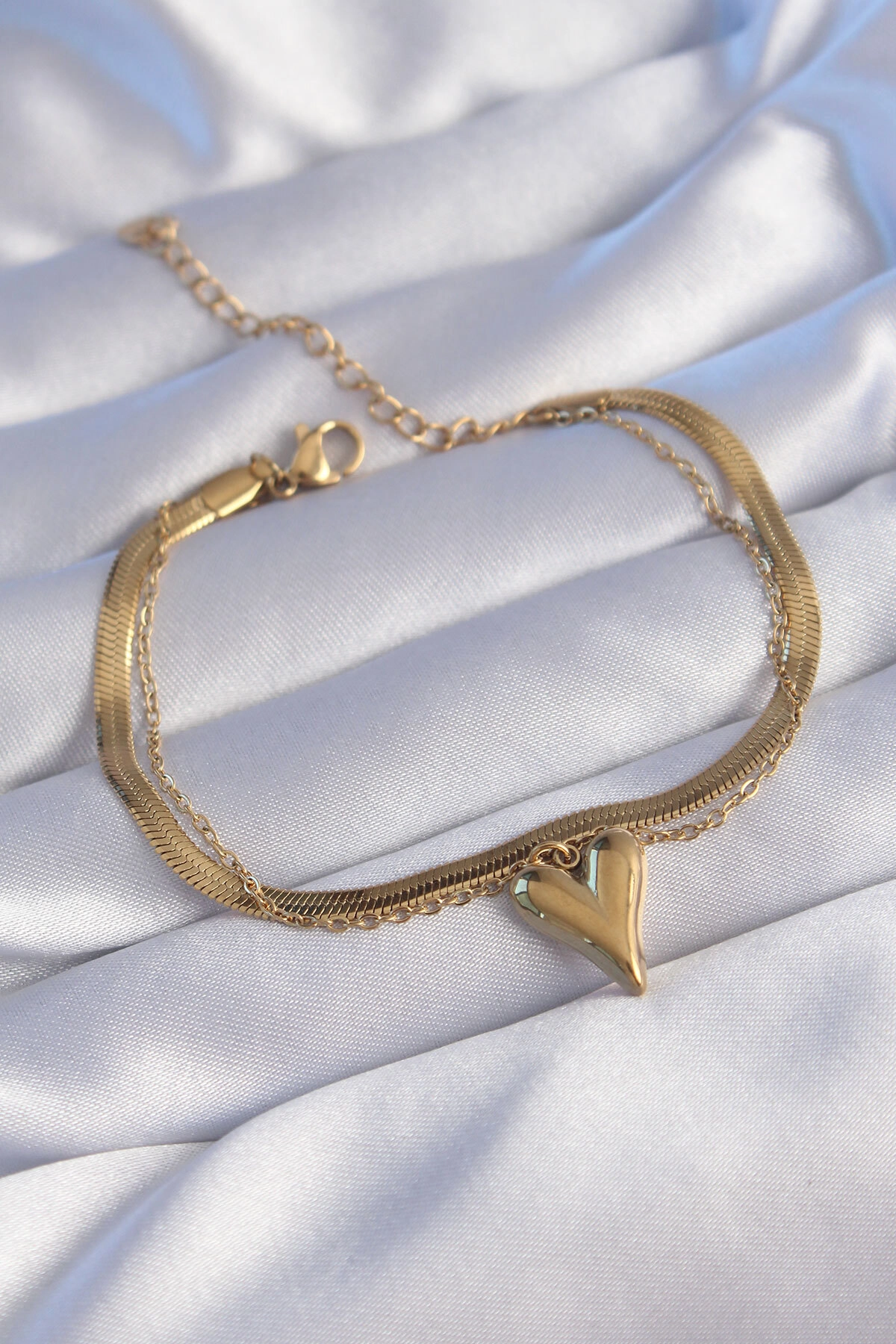 316L Çelik Gold Renk İtalyan Zincirli Kalp Model Bileklik-0