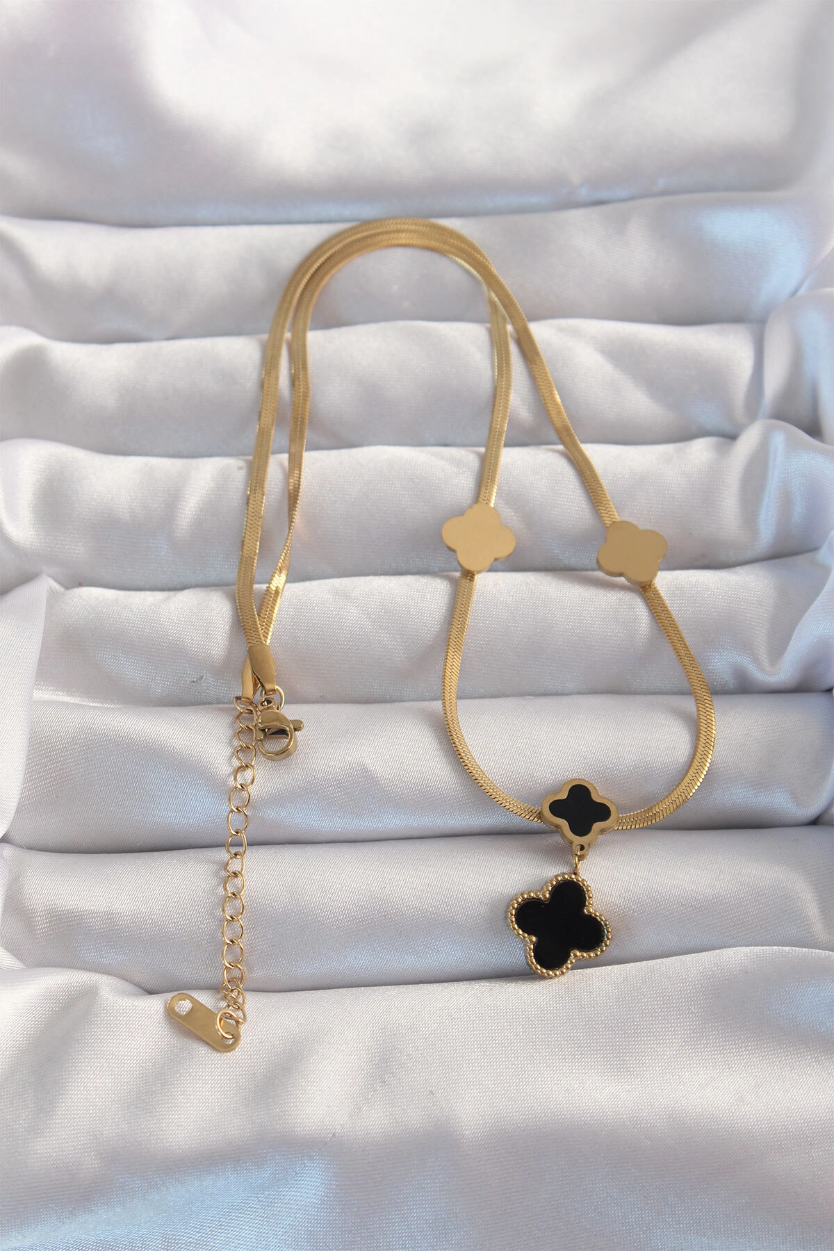 316L Çelik Gold Renk İtalyan Zincirli Mineli Yonca Kolye-1